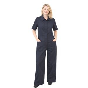 Tricot Chic Navy Utility Jumpsuit Button Up Lace Sleeves Made in ITALY Cotton